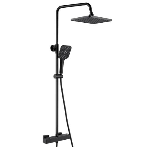 Auralum Columna Ducha Termostatica con Grifo Ducha Termostatico,Cabezal de Ducha Lluvia 12 Pulgadas Rectangular,Alcachofa de Ducha con 3 Modo,Barra de Ducha Altura Regulable,Negro