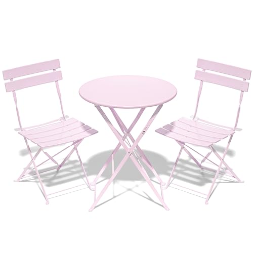 RELAX FIELD Lot de 3 meubles de jardin de balcon, résistants aux intempéries, pour petit balcon, table de bistrot avec 2 chaises, pliable, rose