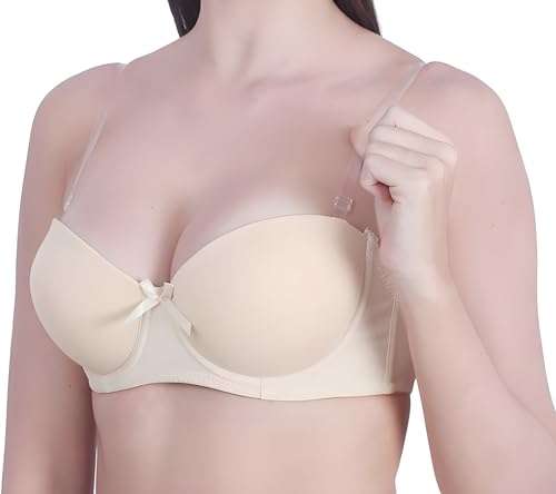 Image of Women's Balconette Bra Transparent Strapless Backless Invisible Clear Back Underwire Pushup Padded Bra Cups Demi