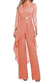 Chiffon High-Waisted Long Sleeve Applique Mother of The Bride Pant Suits Lace V-Neck for Formal Wedding Women Jumpsuit Coral