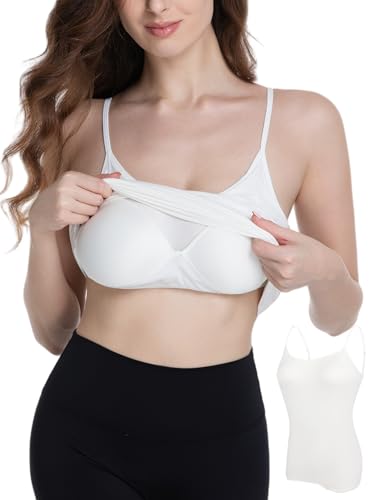 FANYOUNA Camisole Tank Top for Women with Built-in Padded Shelf Bra Support,Spaghetti Strap Layering Camis, Basic Undershirt (US, Alpha, Large, Regular, Regular, White)