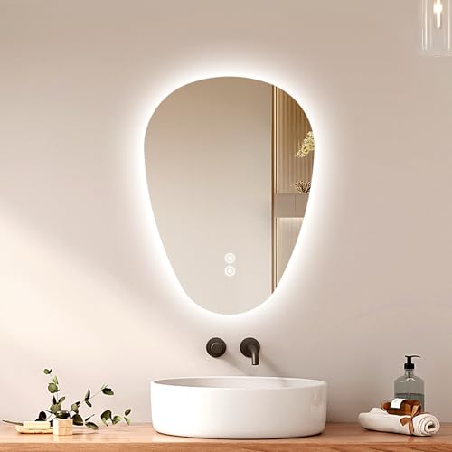EMKE Specchio con illuminazione, asimmetrico LED da bagno con illuminazione 60 x 45 cm, interruttore touch, 3 colori di luce, dimmerabile, senza appannamento, specchio da bagno con illuminazione IP44,