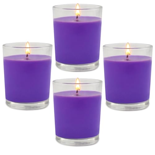 Image of 4 Packs Unscented Purple Votive Candles in Glass, 2 Inch Natural Soy Wax Scentless Candles for Wedding Party Home Holidays Relaxation Spa, 12-15 Hour Burning Time