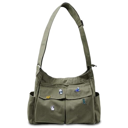 Aucuu Bolso Bandolera Mujer Grande Bolso de Hombro, Grande Tote Bag Unisexo, Bolso Lona de Hombro con Correa de Hombro Ajustablepara y Múltiples Bolsillo, para Compras Colegio Trabajar Viajar, Verde