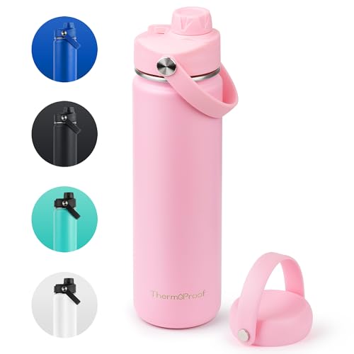Image of ThermoProof Double-Walled Vacuum Insulated Stainless Steel Water Bottle - Wide Mouth with Chug & Spout Lids, Dishwasher Safe, Reusable, Leakproof, Hot & Cold for Men, Women & Kids - 22oz, Pink