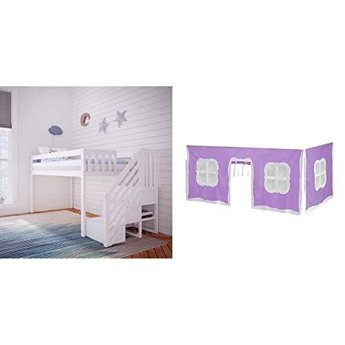 Max & Lily Low Loft Bed, Twin Bed Frame For Kids With Stairs, White & Cotton Underbed Curtains, Purple & White #TOP13