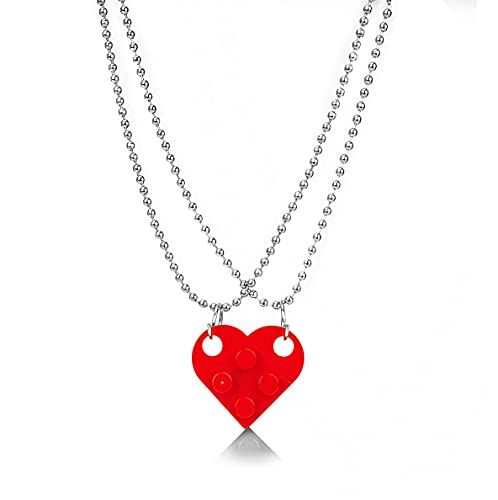 WAINIS 1-3 pares de collares de ladrillo para parejas, colgante de corazón de amistad, 2 piezas, juego de joyas compatible con elementos Lego, regalos para él y ella, rojo