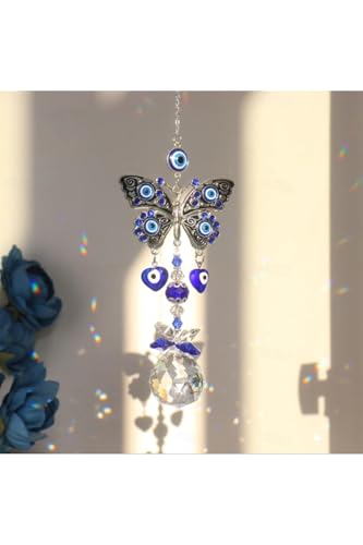 Rainbow Crystal Evil Eye Wind Chime with Butterfly Design -