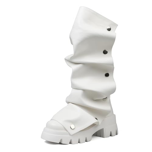 Accloris White Fold Over Boots Women Slouchy Boots Platform Leather Booties