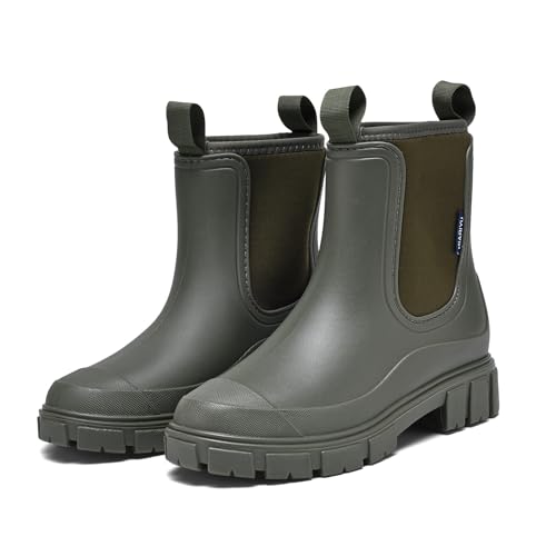 GemChve Gummistiefel Damen Gefüttert Wasserdicht Gummistiefel Halbhohe Chelsea Boots rutschfeste Stiefeletten Regenstiefel Regenschuhe Gummistiefeletten Warm Gartenschuhe Green 38EU