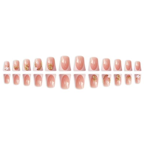 Image of White French Tip Press on Nails Duck Fake Nails Bow Nail Press ons with Rhinestone Design Dollar Glue on Nails Reusable Artificial Glossy Full Cover Acrylic Stick on Nail for Women Manicure 24Pcs