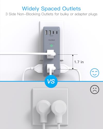 Image of Surge Protector Outlet Extender - with Rotating Plug, 6 AC Multi Plug Outlet with 4 USB Ports (2 USB C), 1800 Joules, 3-Sided Swivel Power Strip with Spaced Outlet Splitter for Dorm, Office, Grey