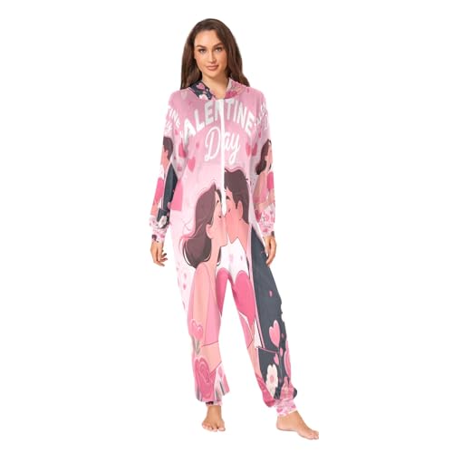 Nexawaveo Pijama enterizo de forro polar ultrasuave para adultos, diseño de San Valentín, acogedor, con capucha y bolsillo, Sweet Valentine Embrace, X-Small