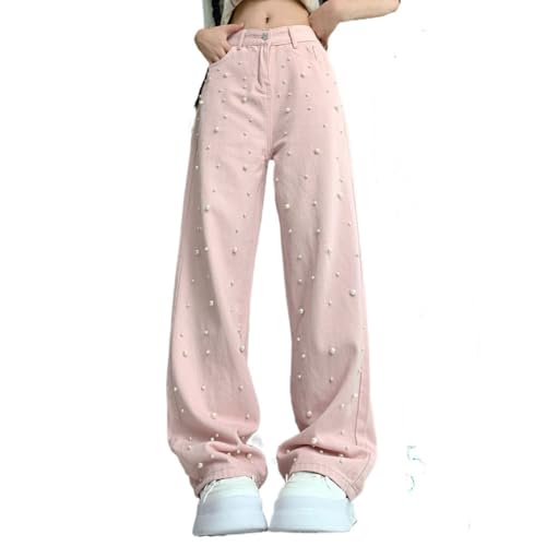 LAFOURAM Petite Jeans for Women 5 FT Short Wide Leg Baggy Streetwear Pearl Embellished Denim Pants