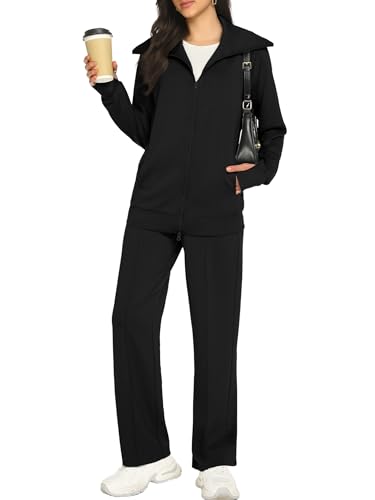 Casly Lamiit Womens Two Piece Outfits 2025 Fall Fashion Casual Airport Zip Up Sweatshirts And Wide Leg Pants Track Suit Black XS