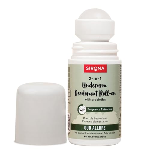 Image of Sirona Underarm Roll On- 50 ml (Pack of 1) | 0.5% Prebiotic, 0.5% Niacinamide & 0.1% Hyaluronic Acid | Prevents Body Odour & Exfoliates Underarms | Oud Allure Fragrance | Alcohol & Aluminium Free
