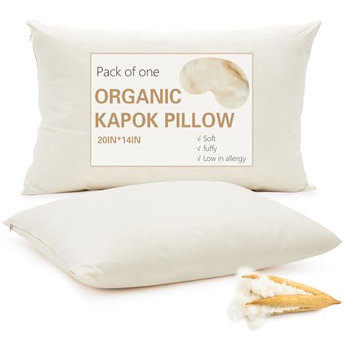 Leinuosen 1 Pack Organic Kapok Pillow 14 x 20 Natural Kapok Fiber Filled Sleeping Pillows with Breathable Cotton Adjustable Height Soft and Supportive for Sleeping(Natural)