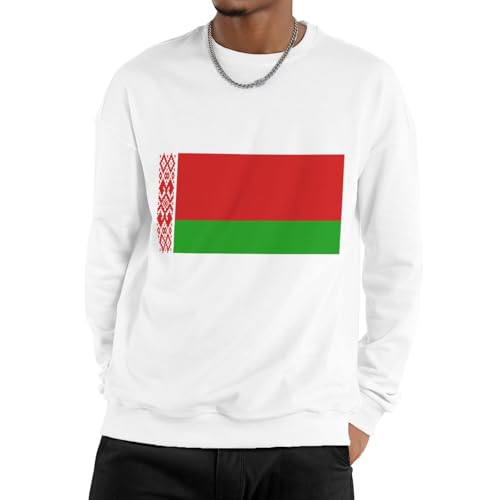 GONMFKM Men'S Classic Sweat Sweatshirt - Novelty Belarus Flag Printing Plain Workwear Casual Crewneck Jumper Sweater Sports Leisure Long Sleeve Pullover Sweatshirt White