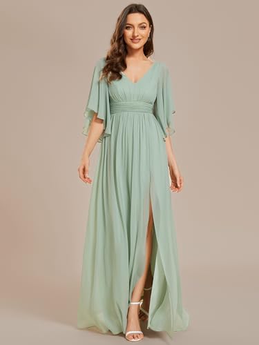 Ever-Pretty Women's Classic V Neck Chiffon Half Sleeves Slit A Line Floor Length Bridesmaid Dress 018863