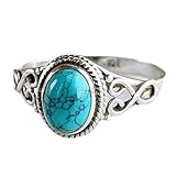 Yuren Vintage Women's 925 Sterling Silver Ring Oval Cut Natural Bohemia Turquoise Jewelry Turquoise Moonstone Ring Wedding Jewelry Size 6-10 (US code 8)