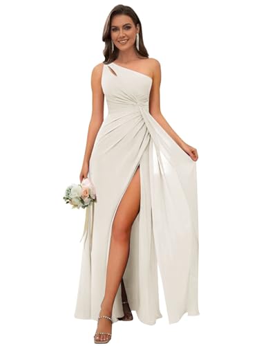 Image of OFEECHUN Women's Chiffon One Shoulder Bridesmaid Dresses Long Pleated Formal Evening Gowns with Slit