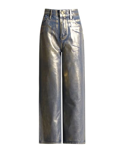 Women Metallic Baggy Stretch High Waisted Straight Wide Leg Boyfriend Denim Jeans4