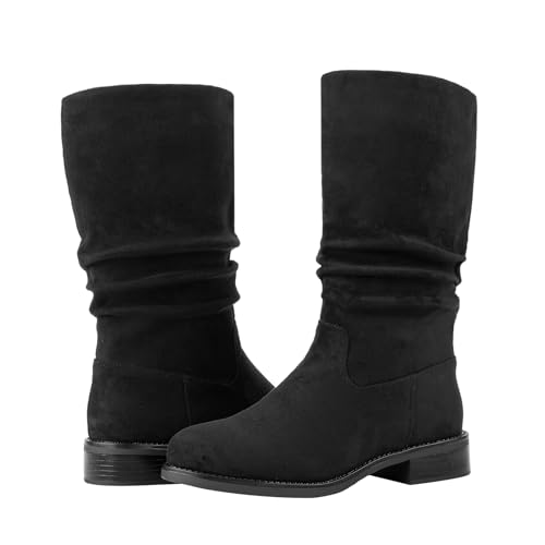 Shoe'N Tale Slouchy Mid Calf Flat Boots for Women Pull On Round Toe Side Zip Fall and Winter Fashion Comfortable Boots4