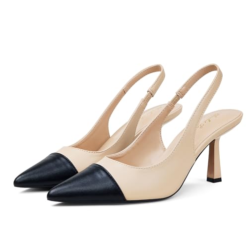 Elisabet Tang Women Slingback Kitten Heel,3 inch Sexy Pointed Closed Toe Stiletto Pump Slingback Heels for Women Slip on Elastic Strap Wedding Party Dress Sandals Shoes Black Nude Size size 8