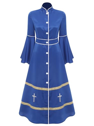 Sinleey Church Robes for Women Flared Sleeves Button Clergy Dress Choir Robe Liturgical Vestments Royal Blue 3X-Large