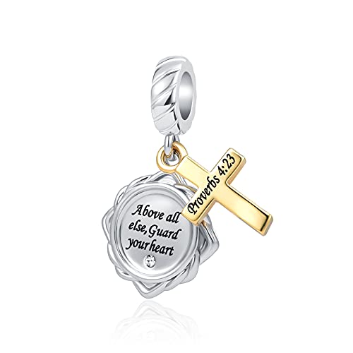 Religious Cross Dangle Charm Bible Verse Quote Scripture Gold Bead for Pandora Bracelet - Main Image