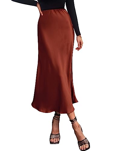 BTFBM 2026 Womens Spring Summer Long Satin Skirt Silk Elegant High Waist Cocktail Party Wedding Flowy A-Line Midi Skirts(Brown, Large)