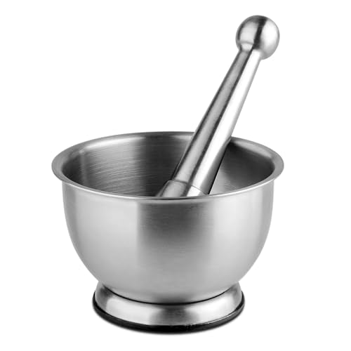 TIENDA EURASIA – Mortero + Mazo Inoxidable | con Base de Silicona para mejor Sujeción | Plateado | Material Acero Inoxidable | Medidas 13x8 cm | Mortero Cocina | Diámetro 13 cm
