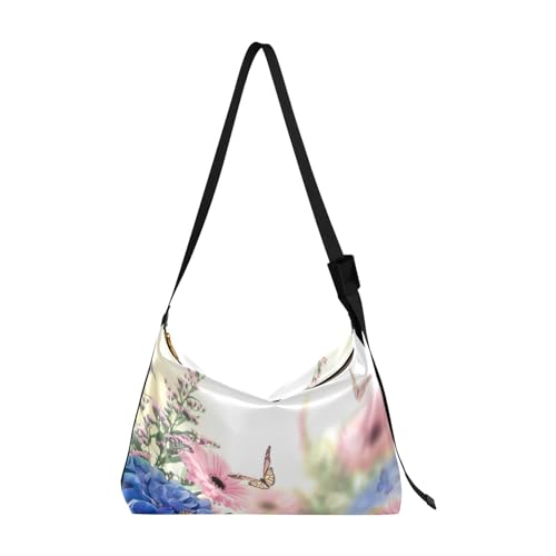 Bokeh - Bolso cruzado de tamaño grande para mujer, diseño de mariposas, bolsa lateral con hortensias y margaritas, Varios colores, 1 size