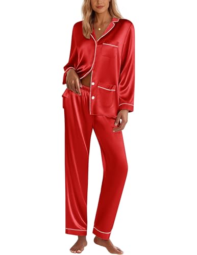 Image of Ekouaer Pajamas for Women Silk Satin Button Down Long Sleeve Pajama Sets
