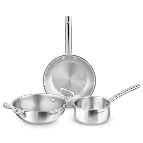 Bergner TriPro 3 Pcs Tri-Ply Stainless Steel Induction Bottom Cookware Set - 22cm (2L) Kadai and 22cm (1L) Frypan, 14cm (1.1L) Teapan, Less Oil Use, Easy to Clean - Induction and Gas Stove Ready