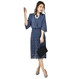 [DEEPEYES] ディープアイズ パーティードレス ワンピース 七分袖 花柄レース 膝丈 バックスリット タイトワンピース (S, ダークブルー)