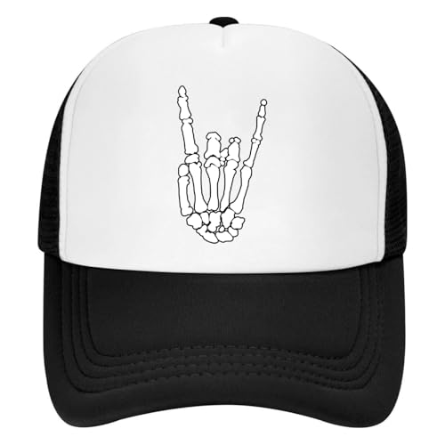 Tijeyi Sombreros de mano de esqueleto de roca para hombre, gorra de béisbol de malla negra para mujer, gorra de béisbol de hip-hop, gorra de camionero ajustable, 5 paneles para hombre, gorra de