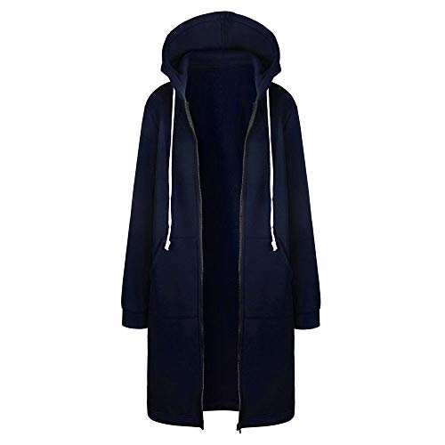 Womens Hooded Long Jacket Thick Zip up Hoodies Tunic Sweatshirt Loose Casual Winter Fall Coat Plus Size Tops Solid Long Sleeve Outerwear with Pockets Navy-A XXL