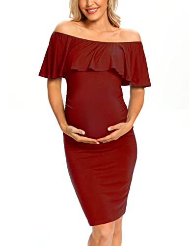 AONESX Vestido de maternidad ajustado con volantes y hombros descubiertos, vestido formal de embarazo para baby shower/fotografía, Rojo -, Large