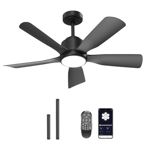 onffo 42 Inch Ceiling Fan with Light & Remote, Low Profile Black Ceiling Fan, Quiet, Dimmable LED...