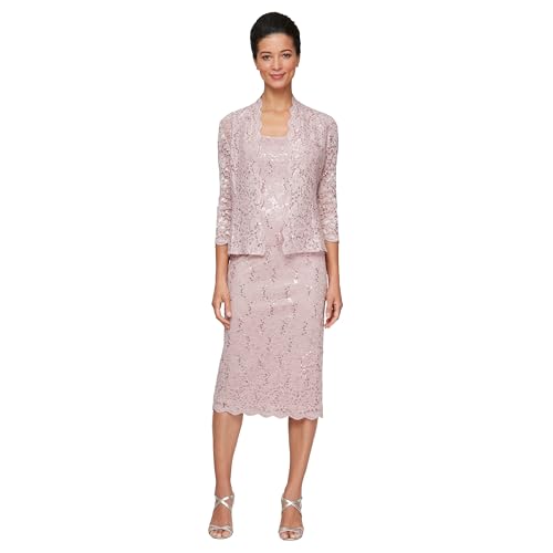 Image of S.L. Fashions Women's Tea Length Sequin Lace Mother of The Bride Dress with Illusion Sleeve Jacket
