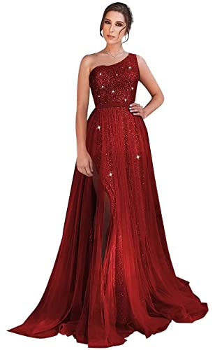 One Shoulder Prom Dresses for Women Long 2025 Sequin Formal Evening Gowns Tulle Wedding Dress