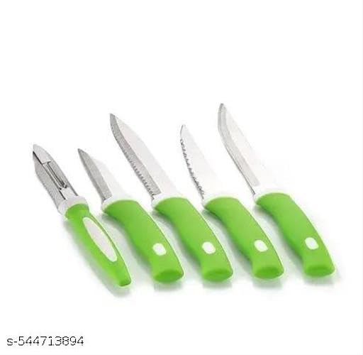Image of 5 Pieces Kitchen Knife Set with Holder Stand 4 Knife + 1 Peeler + 1 Stand (Green)(Green + Stand Knife Set) /101 KP2421