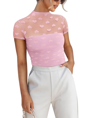 Image of REORIA Women's Sexy Mock Turtle Neck Short Sleeve Shirts Sheer Mesh Ruched Trendy Going Out Bodysuits Tops