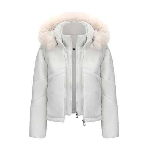 Women's Winter Cropped Padded Coat Thicken Quilted Puffer Jacket Long Sleeve Warm Parka with Detachable Faux Fur Hood2