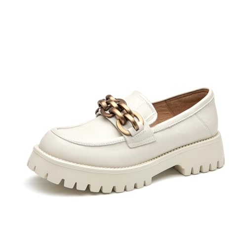 Image of BEAU TODAY Chunky Loafers Women,Leather Platform Loafers for Women,Lug Sole Slip On Chain Shoes,Comfortable Work Office Business Casual Office Dress Shoes