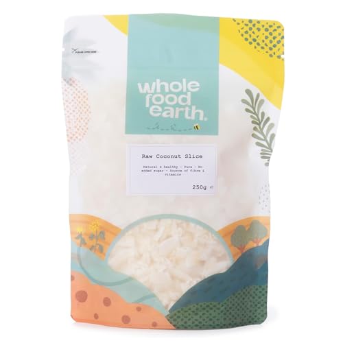 Wholefood Earth Rebanada de coco crudo de 250 g, sin OMG, natural, alta fibra, el embalaje puede variar