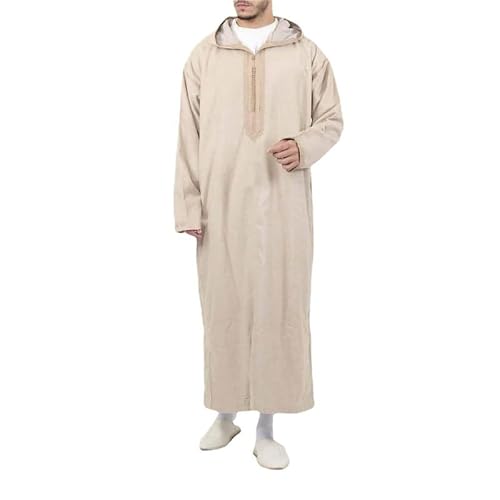 Allmonyba Men's # 14 Stripe Printed Muslim Robe Hooded Thobe Jubba Arab Loose Long Sleeve Dubai Saudi Kaftan Clothing