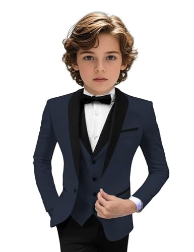 Image of Tuxedo Suits for Boys 3 Pieces Slim Fit Boys Formal Suit Dresswear Ring Bearer Outfit Blazer Vest Pants for Wedding Grooms