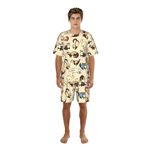 Pijama de hurón de dos piezas para hombre con pantalones cortos suaves con bolsillos